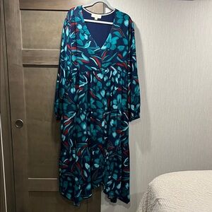 Elegant Floral Long Sleeve Dress in Teal and Red